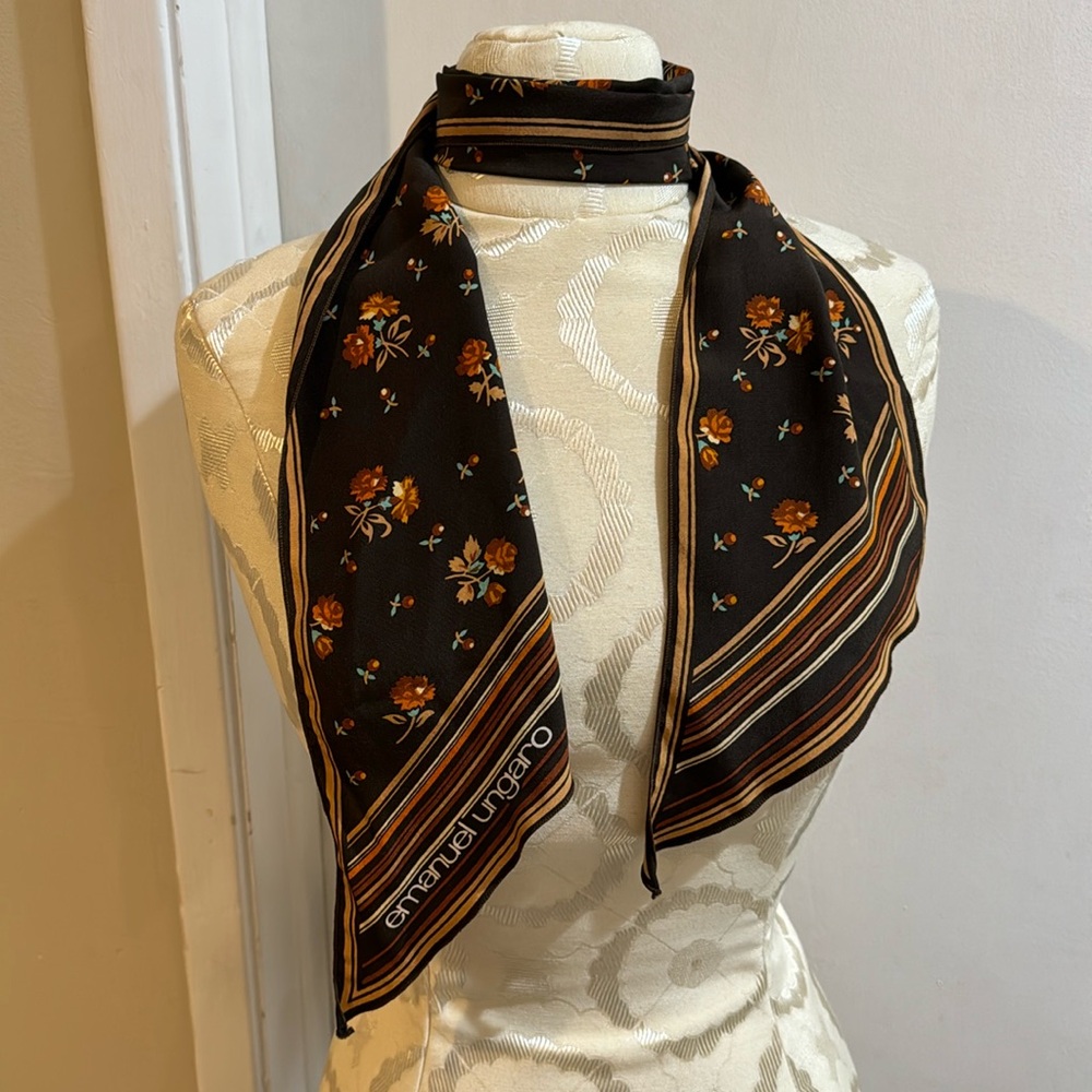Emanuel Ungaro Silk Vintage Brown Flowers Stripes Lovely 60’s 70’s Skinny Scarf - Picture 2 of 13